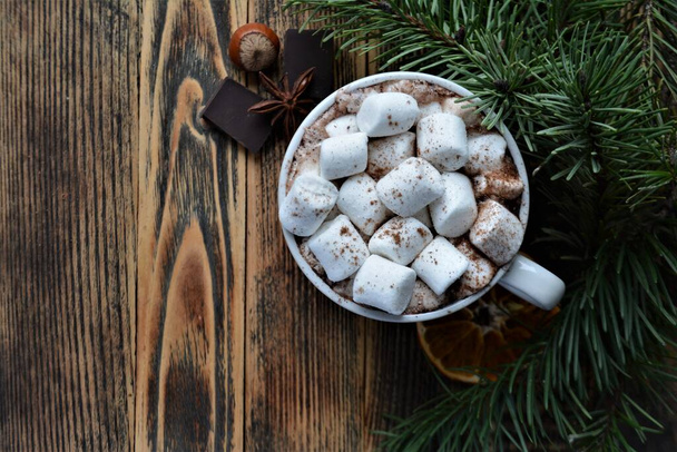 Cup of hot chocolate or cocoa with marshmallows. Cozy winter holidays and Christmas - Foto, imagen