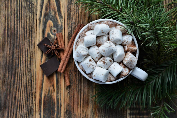 Cup of hot chocolate or cocoa with marshmallows. Cozy winter holidays and Christmas - Foto, imagen