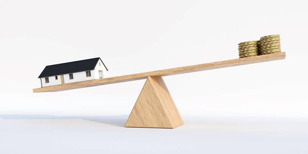 House balance against money on a wooden scale, concept of saving for a house. - Photo, Image