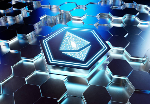 Ethereum icon concept engraved on blue metal hexagonal pedestral background. Crypto currency symbol glowing on abstract digital surface. 3d rendering - Foto, afbeelding