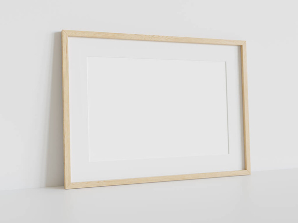 Wooden rectangular frame leaning on white floor in interior mockup. Template of a picture framed on a wall 3D rendering - Photo, image