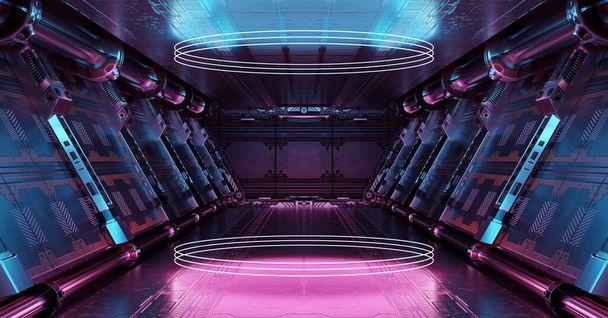 Blue and pink spaceship interior with glowing, neon lights podium reflecting on the floor. Futuristic corridor in space station with circles background. 3d rendering - Foto, Bild