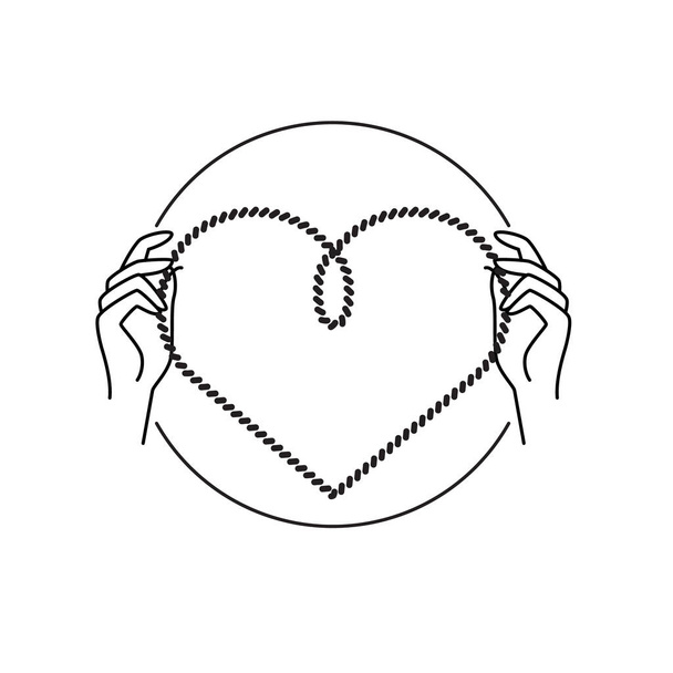 Hands holding rope heart in circle linear illustration - Vector, Image
