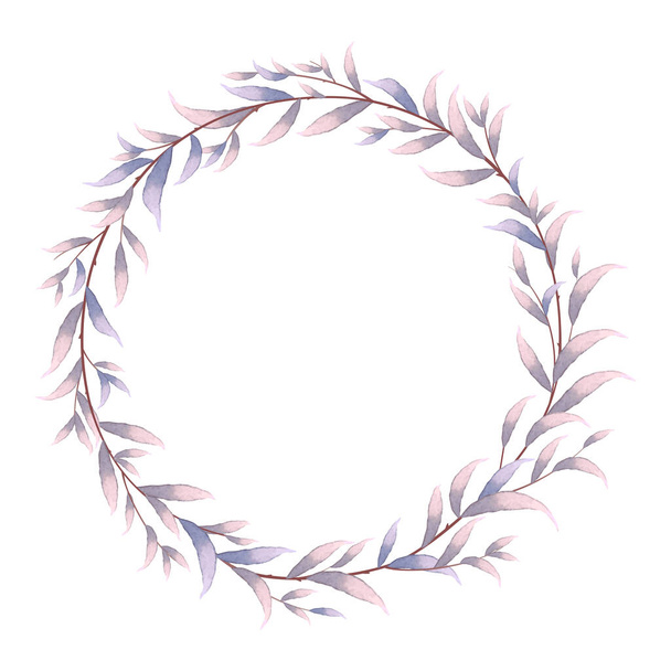 Pink and purple leaves wreath in watercolor style and space for your text. - Vector, imagen
