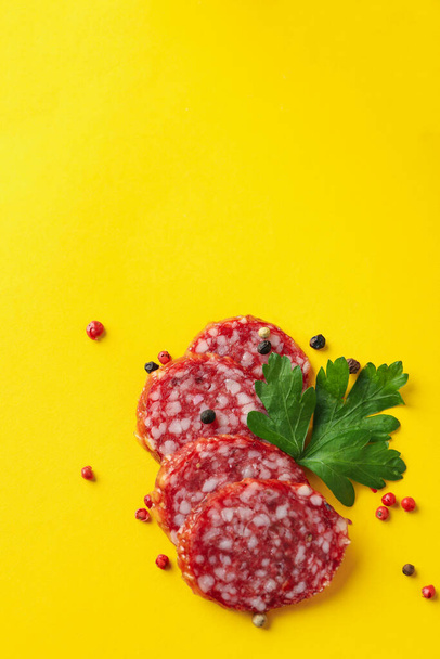 Concept of tasty food with salami sausage, close up - Photo, Image