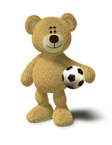 αρκουδάκι κατέχει μια μπάλα ποδοσφαίρου - Φωτογραφία, εικόνα