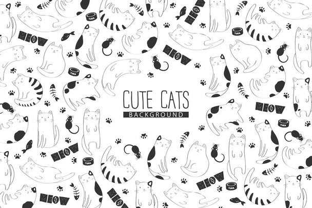 Vector monochrome background with pattern from black and white cute cats, fish bones, cat paws, pet food on white background. Cat lover design for print, fabric, card, wallpaper, packaging - Vecteur, image
