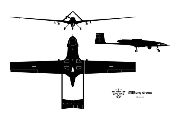 Silhueta de drone militar. Topo, lado, vista frontal. Avião isolado do exército. Plano moderno de bombardeiros não tripulados - Vetor, Imagem