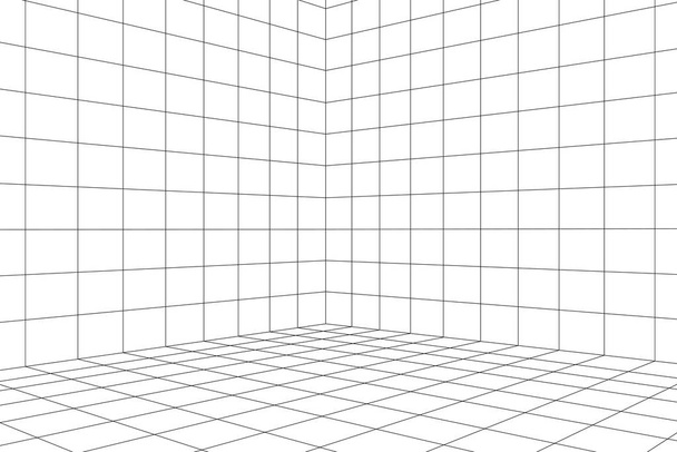 Sala de rejilla en perspectiva, ilustración vectorial en estilo 3d. Marco de alambre interior de líneas, plantilla cuadrada interior, caja vacía digital. Fondo de diseño geométrico abstracto - Vector, imagen
