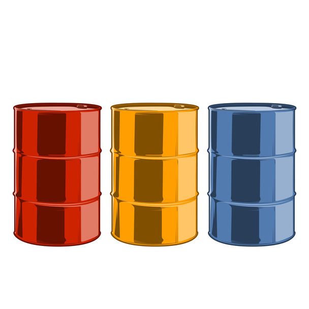 Barriles de petróleo de acero rojo, amarillo y azul aislados sobre un fondo blanco. Arte de línea de color. Diseño retro. Ilustración vectorial
. - Vector, Imagen