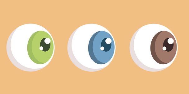 Набор из трех объемных выпуклых глаз, зелено-голубой коричневый, карикатура, векторная иллюстрация - Вектор,изображение