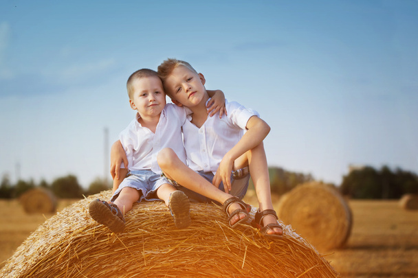 Two little brothers sitting on a haystack in wheat field on warm - Foto, afbeelding