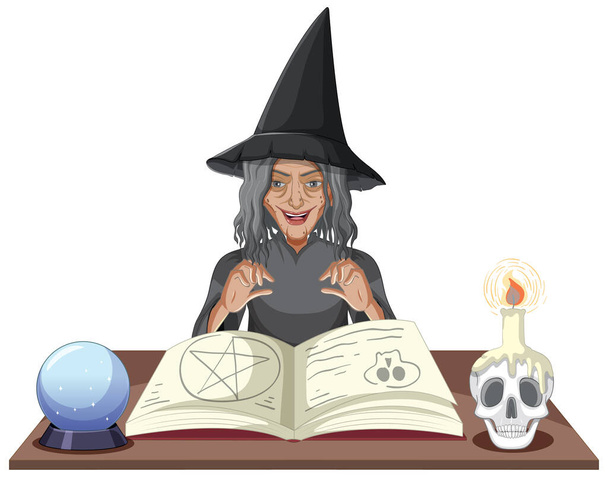 Gonosz öreg boszorkány mágikus varázslat könyv illusztráció - Vektor, kép