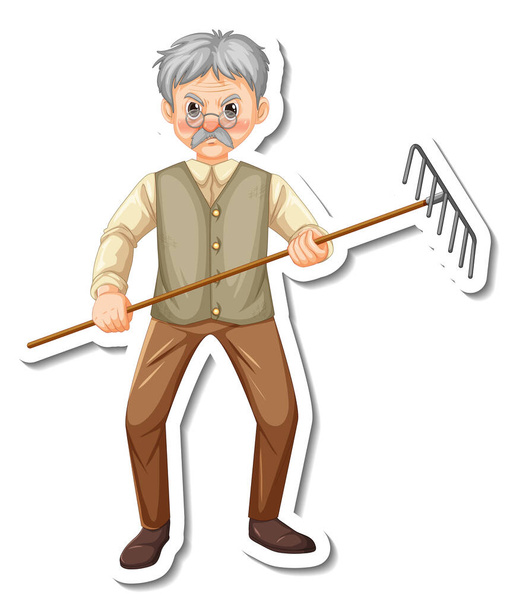 Sticker sjabloon met een tuinman oude man houdt hark tuinieren gereedschap geïsoleerde illustratie - Vector, afbeelding