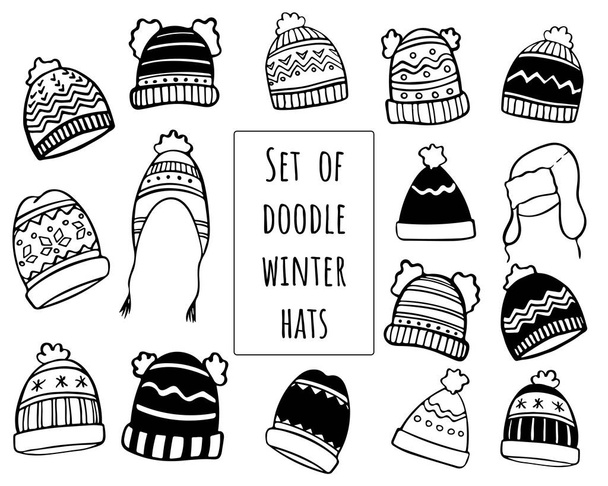 Conjunto de gorras de invierno vector dibujado a mano y sombreros garabatos - Vector, imagen