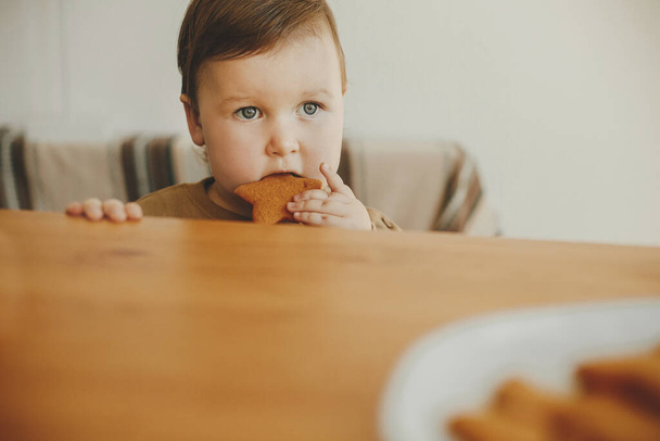 Cute little girl eating freshly baked gingerbread cookie close up. Authentic lovely moment, holiday preparations. Adorable funny toddler tasting christmas cookies from table - Photo, Image