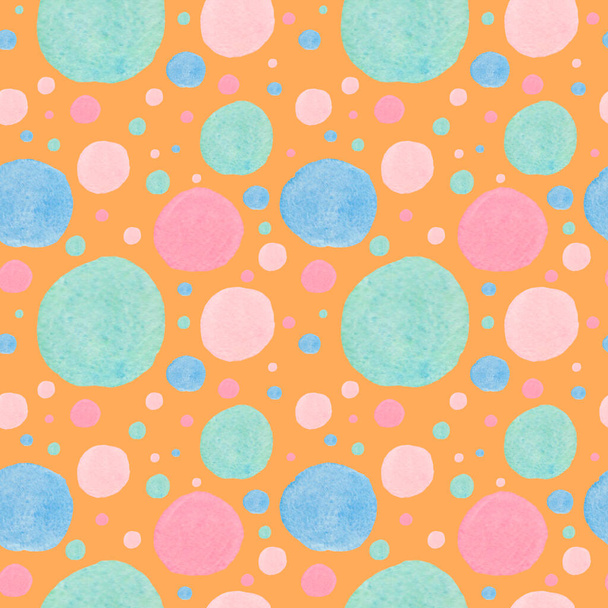 Watercolor seamless pattern with abstract shapes on orange isolated background. Decorative, festive, repeating, bright print in flecked style.Design for textiles, wrapping paper, packaging, fabric. - Photo, Image