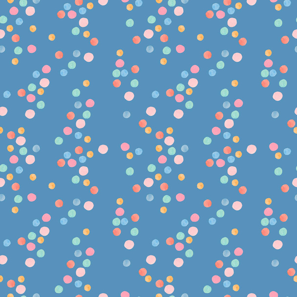 Watercolor seamless pattern with abstract shapes on blue isolated background. Decorative, festive, repeating, bright print in flecked style.Design for textiles, wrapping paper, packaging, fabric. - Photo, Image