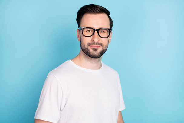 Portrait of positive young man smile look camera wear spectacles isolated on pastel blue color background - Valokuva, kuva