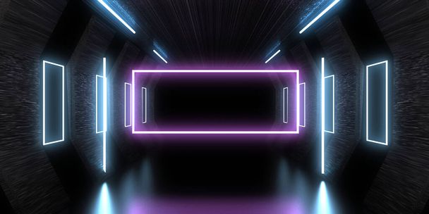 Üç boyutlu soyut arkaplan ve neon ışıkları. Neon tüneli. Uzay inşaatı. 3d illüstrasyon - Fotoğraf, Görsel