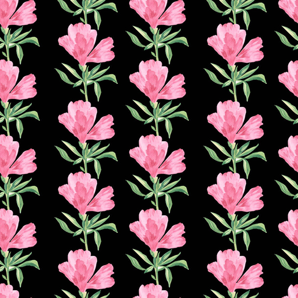 Υδατογραφία αδιάλειπτη μοτίβο με ροζ λουλούδια σε μαύρο απομονωμένο φόντο. Διακοσμητική, εορταστική, επαναλαμβανόμενη, φωτεινή εκτύπωση στυλ με το χέρι.Σχεδιασμός για υφάσματα, χαρτί περιτυλίγματος, συσκευασία, ύφασμα. - Φωτογραφία, εικόνα