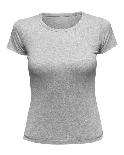 Сіра футболка маскує жінок ізольовано на білому. Жіноча футболка трійника порожня як шаблон дизайну. Вид спереду
 - Фото, зображення