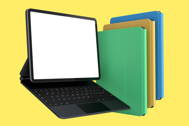 Ensemble de tablettes d'ordinateur avec clavier et écran blanc isolé sur fond jaune. Concept de rendu 3D d'équipements créatifs et d'espace de travail compact - Photo, image