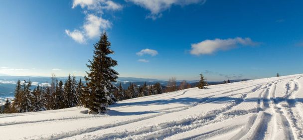 Чудовий зимовий пейзаж у сонячний день. Зимовий пейзаж із засніженими горами під сонцем. Популярне місце прогулянок та подорожей. Зима чудес. Дивовижний природний фон. Карпатські гори. - Фото, зображення