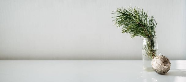 Zero waste Christmas minimal web banner with pine tree branch in glass vase and Christmas ornament ball on light background. Pine tree and sparkles Xmas ornament ball on white. Holiday banner - Photo, Image