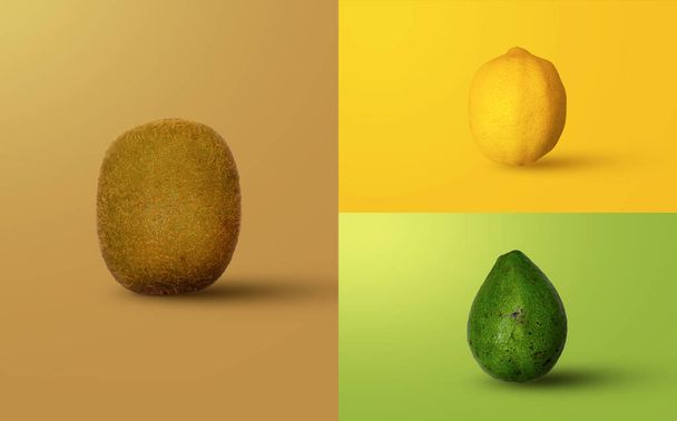 背景用のトロピカルフルーツ組成の3Dレンダリング。キウイ、レモン&アボカド. - 写真・画像