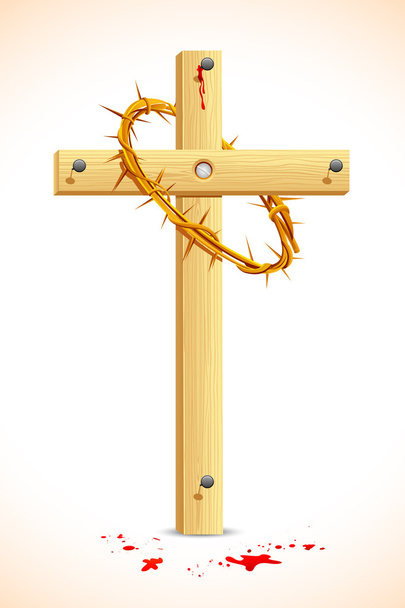 Coroa de espinhos na cruz de madeira
 - Vetor, Imagem