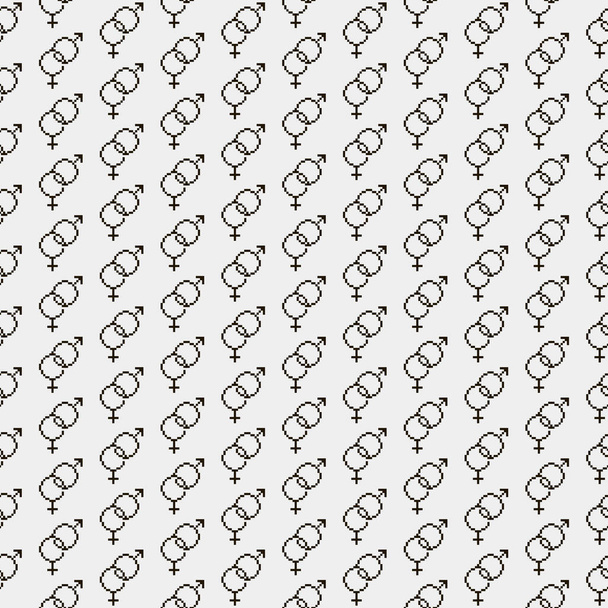 simple vector pixel art blanco y negro patrón sin costuras de minimalista abstracto entrelazado símbolo de Venus y símbolo de Marte, masculino y femenino sobre fondo blanco - Vector, imagen