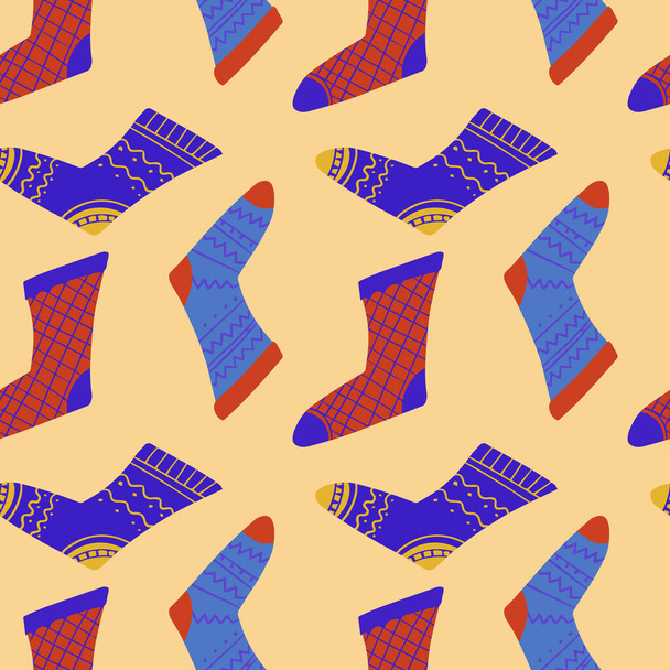 Seamless pattern of cozy knitted socks. Vector background for wrapping paper and different textile design - Vector, Image