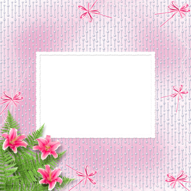 Card for invitation or congratulation with pink lilies - Φωτογραφία, εικόνα
