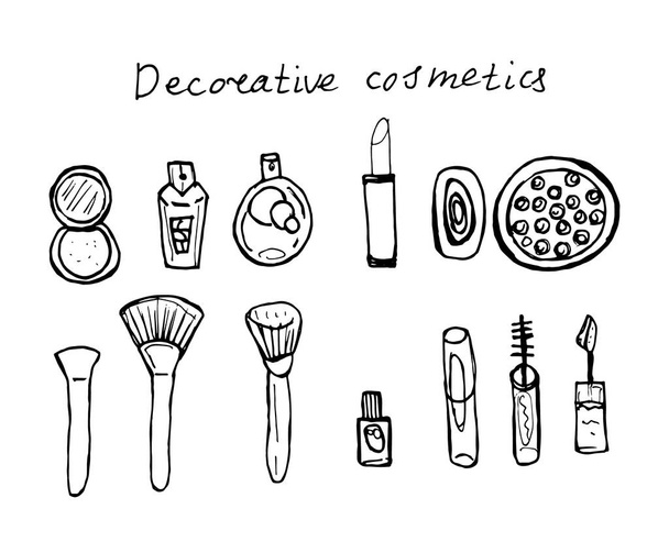 Kollektion von Luxus-Make-up-Produkten. Doodle-Illustration. - Vektor, Bild