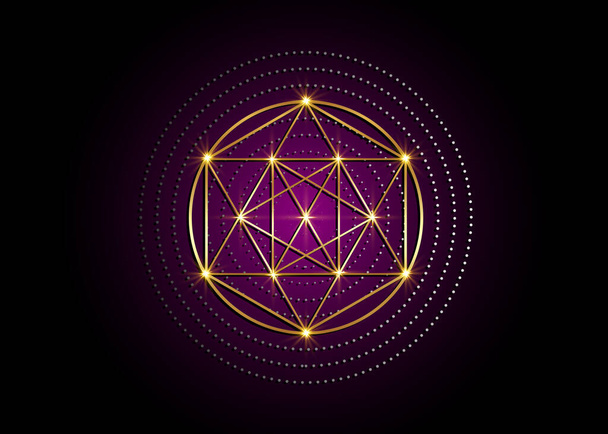 Arany mágikus alkímia szimbólumok, szent geometria. Vallás, filozófia, spiritualitás, okkultizmus. Lineáris háromszög vonalak és átfedő körök, print vektor logó elszigetelt lila háttér  - Vektor, kép