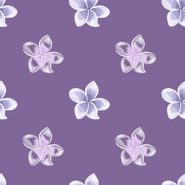 Fashion plumeria flower seamless pattern on purple background. Exotic tropical wallpaper. Abstract botanical backdrop. Design for fabric , textile print, wrapping, cover. Vector illustration. - Vector, afbeelding