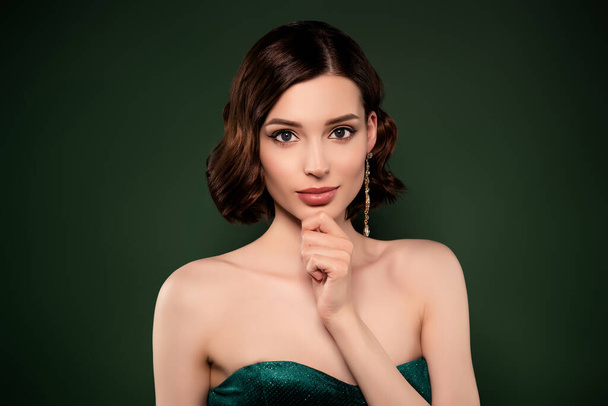 Photo of good mood stunning feminine young girl think brainstorming wear sexy dress isolated on green color background - Photo, Image