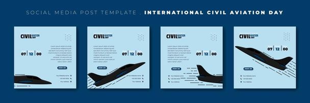 Set di modelli di post sui social media con illustrazione del vettore aereo nero volante. Design del modello di giornata dell'aviazione civile internazionale. Anche buon modello per la progettazione di aeroplani. - Vettoriali, immagini
