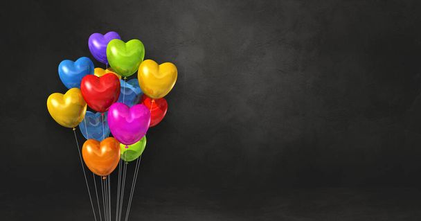 Colorful heart shape balloons bunch on a black wall background. Horizontal banner. 3D illustration render - Foto, Imagen
