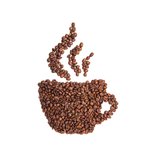 Silhouette of a cup of coffee beans on a white isolated background. Top view, flat lay. Design element. - 写真・画像