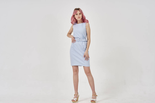 woman with pink hair fashionable clothes posing light background - Fotó, kép