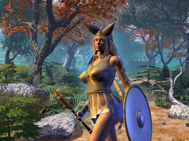 barbarian girl with a sword and a shield, 3d rendering - Photo, Image
