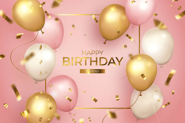 realistic happy birthday with golden frame design vector illustration - Vector, Image