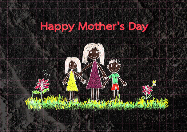 Happy mothers day card with family cartoons in illustration on w - Photo, Image