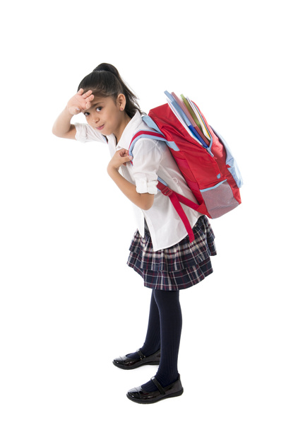 sweet little girl carrying very heavy backpack or schoolbag full - Фото, зображення