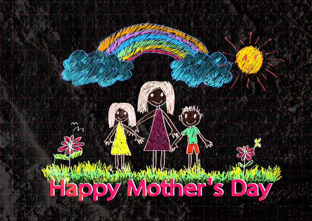 Happy mothers day card with family cartoons in illustration on w - Photo, Image