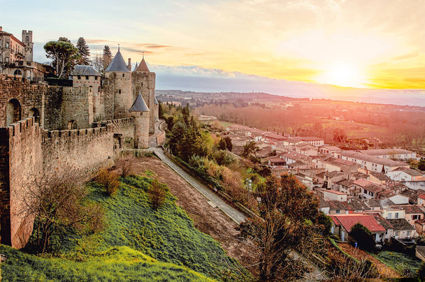 Carcassonne. France . Beautiful sunset landscape in the famous city in France.  - Foto, Bild