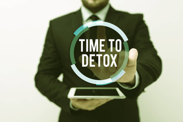 Konzeptionelle Darstellung Time To Detox. Geschäftsansatz, wenn Sie Ihren Körper von Toxinen reinigen oder aufhören, Drogen zu konsumieren Präsentation neuer technologischer Ideen Diskussion technologischer Verbesserungen - Foto, Bild