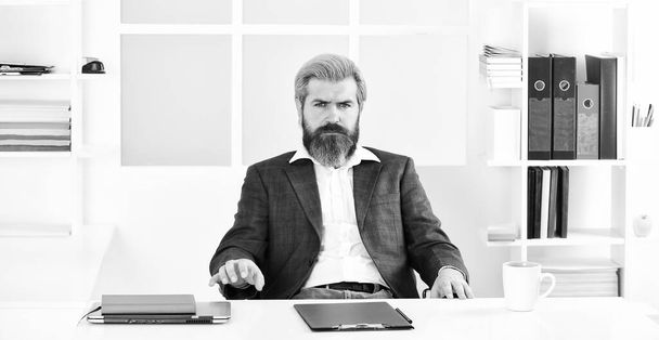 Advocacy and jurisprudence. Legal services director. Case manager track paperwork and other important information about case. Man sit office. Business director. Bearded hipster creative director - Fotografie, Obrázek